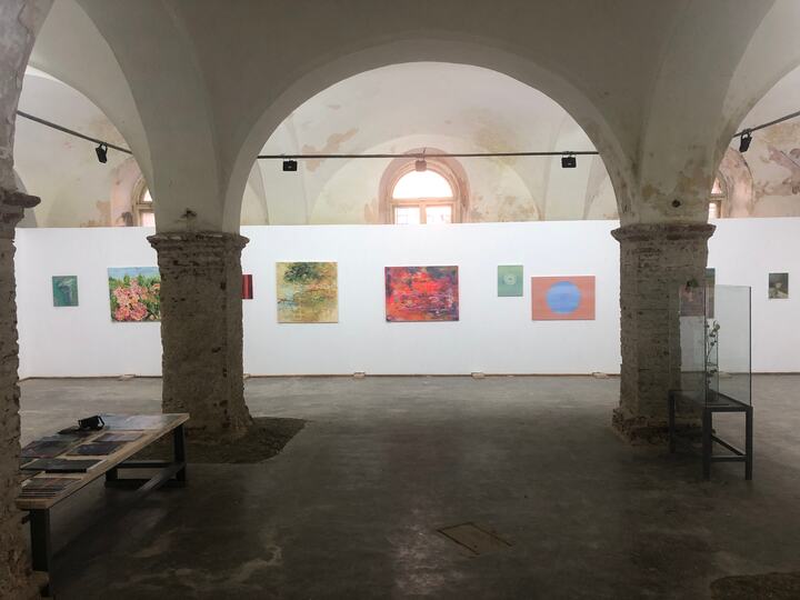 Interiorul boltit al galeriei și lucrări expuse pe panourile albe